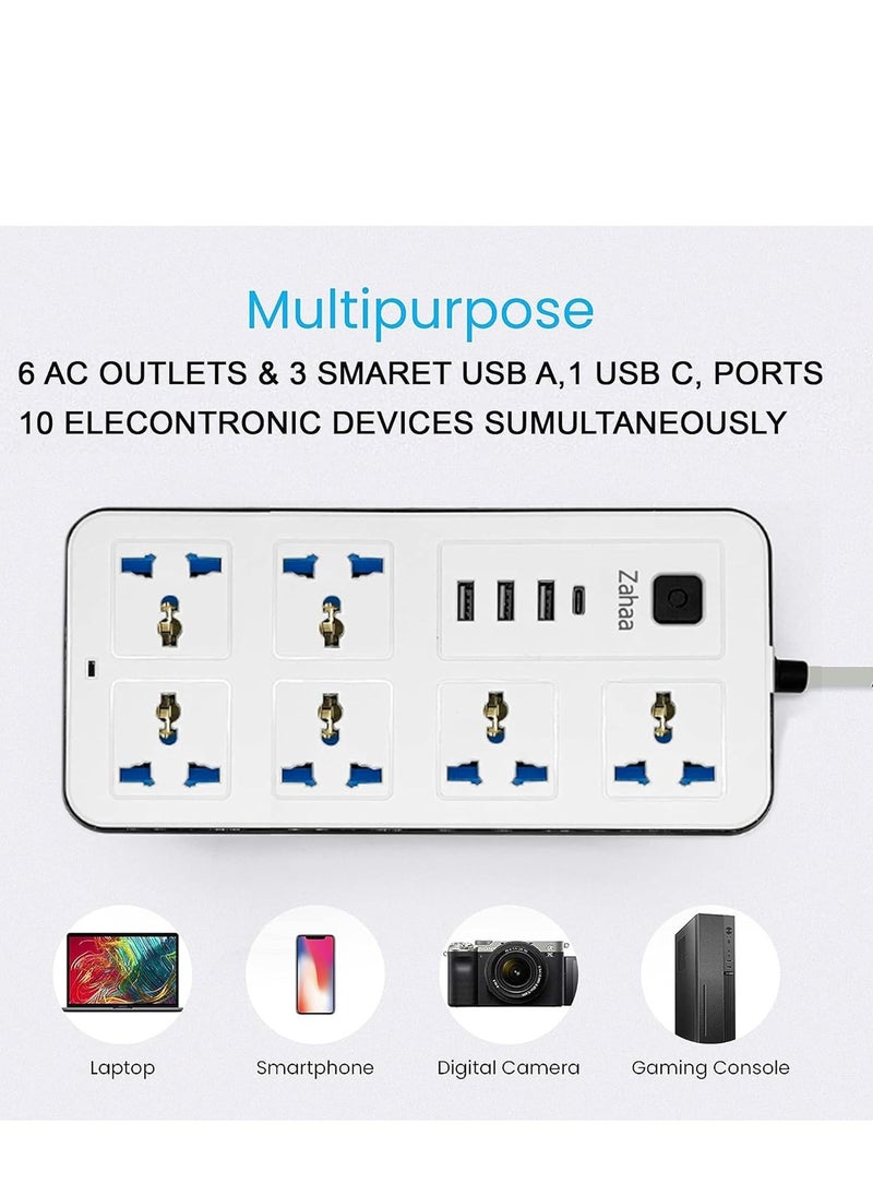 Zahaa 5m Extension Cord Protector Power Strip with 6 Outlets, 3 USB-A Ports, 1 USB-C Port, Flat Plug, Wall Mountable, Desk USB Charging Station, Ideal for All Electronic Devices  - Image 3