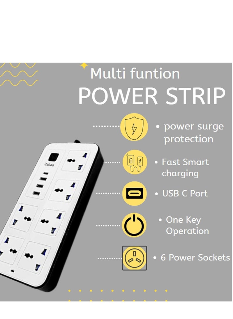 Zahaa 5m Extension Cord Protector Power Strip with 6 Outlets, 3 USB-A Ports, 1 USB-C Port, Flat Plug, Wall Mountable, Desk USB Charging Station, Ideal for All Electronic Devices  - Image 4