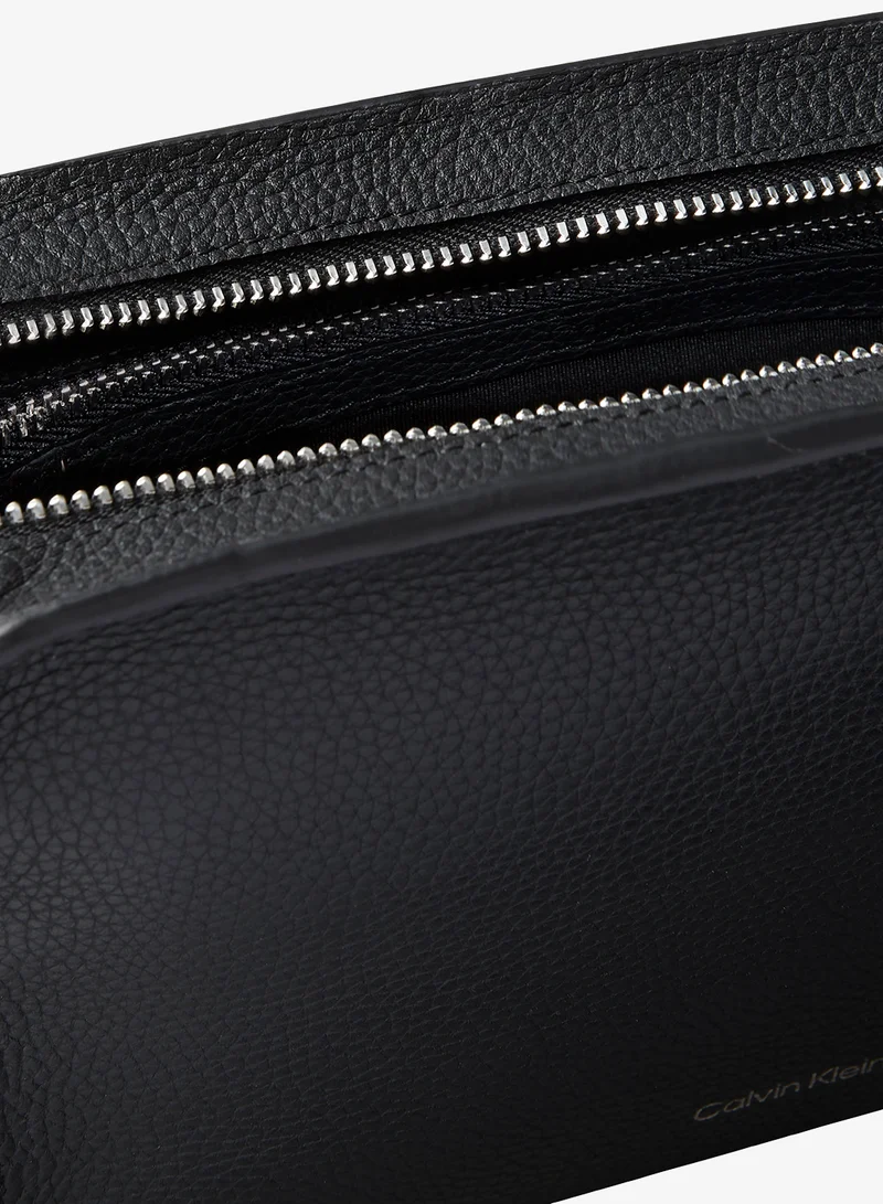 Calvin Klein Black Small Full-Grain Leather Logo Wash Bag for Men | Best Price UAE