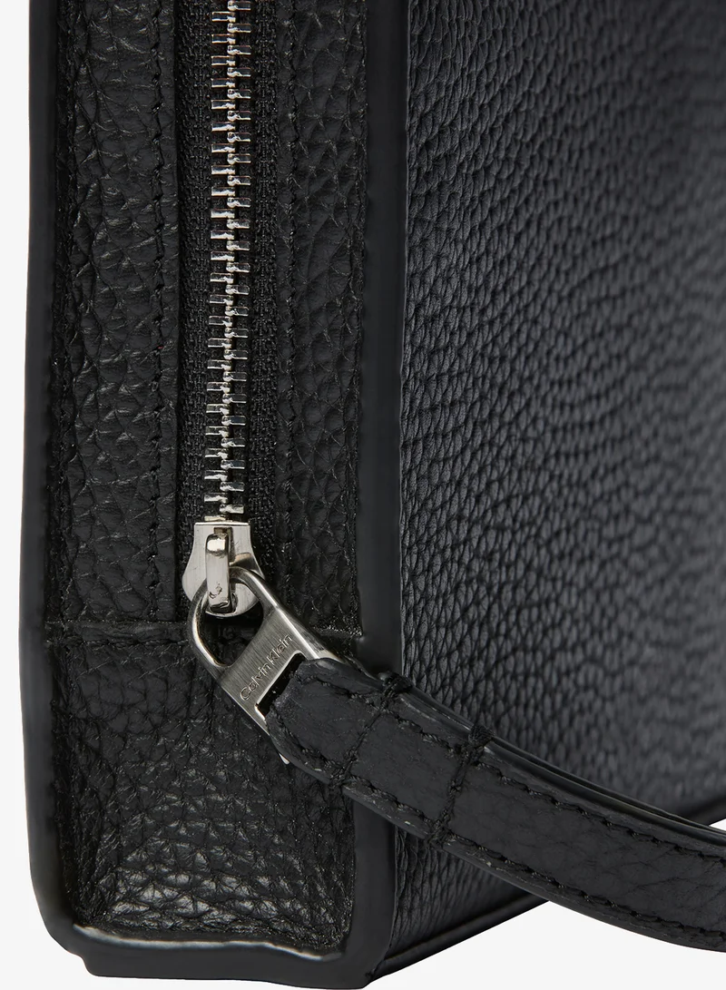 Calvin Klein Black Small Full-Grain Leather Logo Wash Bag for Men | Best Price UAE