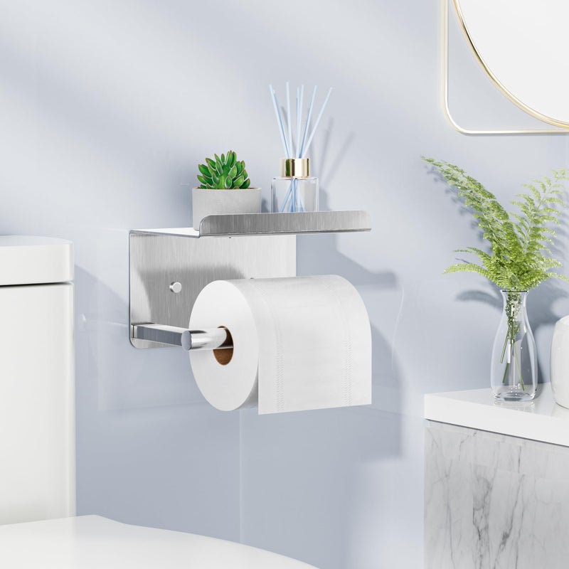 susswiff Self-Adhesive Toilet Paper Roll Holder - Wall Mount Or Adhesive Toilet Paper Holder with Shelf,Toilet Roll Holder, Tissue Holder for Bathroom,Wall Toilet Paper Holder, Stainless Steel,Chrome - Image 2