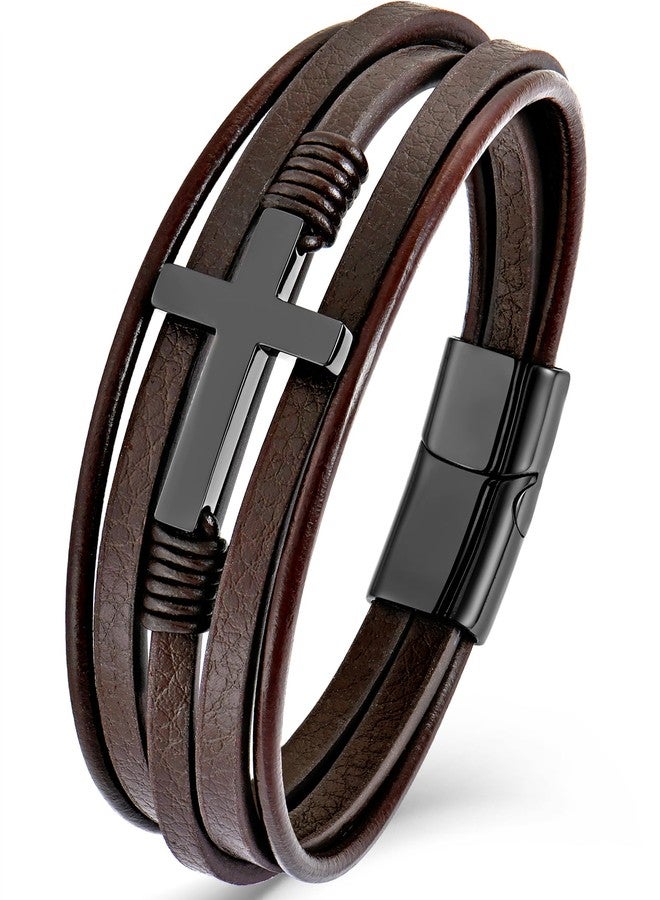 YL Cross Christian Leather Mens Bracelet, Black Rhodium Plated 316L Stainless Steel Religious Brown Multi-Layer Cuff Handcrafted Jewelry Gifts, 8.7" - Image 1