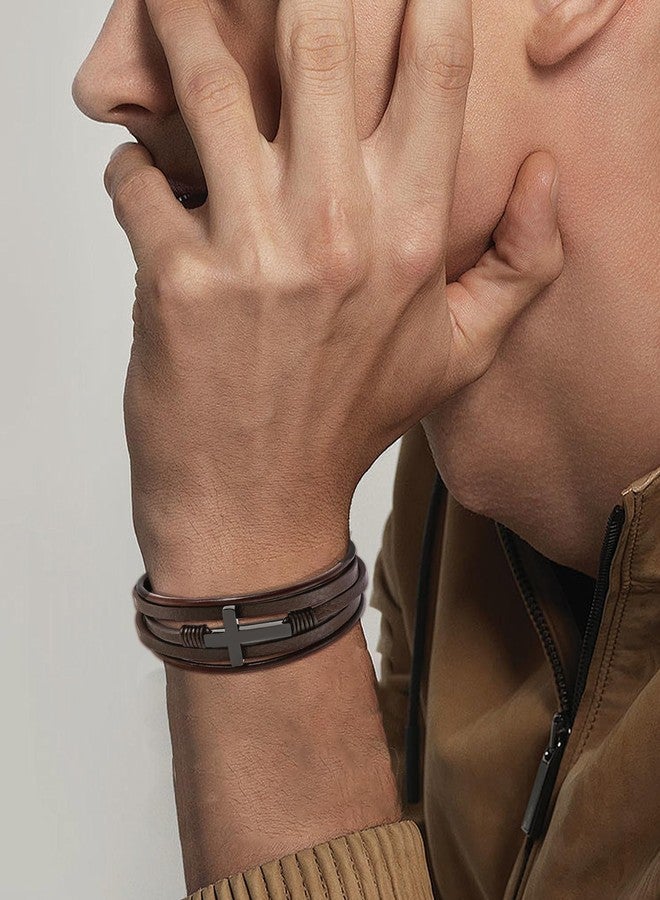 YL Cross Christian Leather Mens Bracelet, Black Rhodium Plated 316L Stainless Steel Religious Brown Multi-Layer Cuff Handcrafted Jewelry Gifts, 8.7" - Image 5
