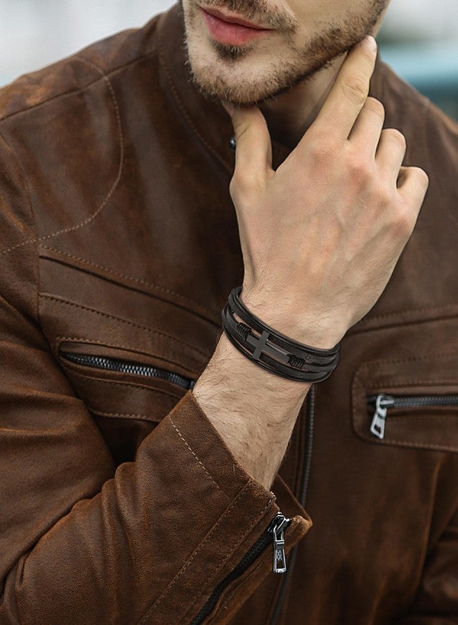 YL Cross Christian Leather Mens Bracelet, Black Rhodium Plated 316L Stainless Steel Religious Brown Multi-Layer Cuff Handcrafted Jewelry Gifts, 8.7" - Image 3