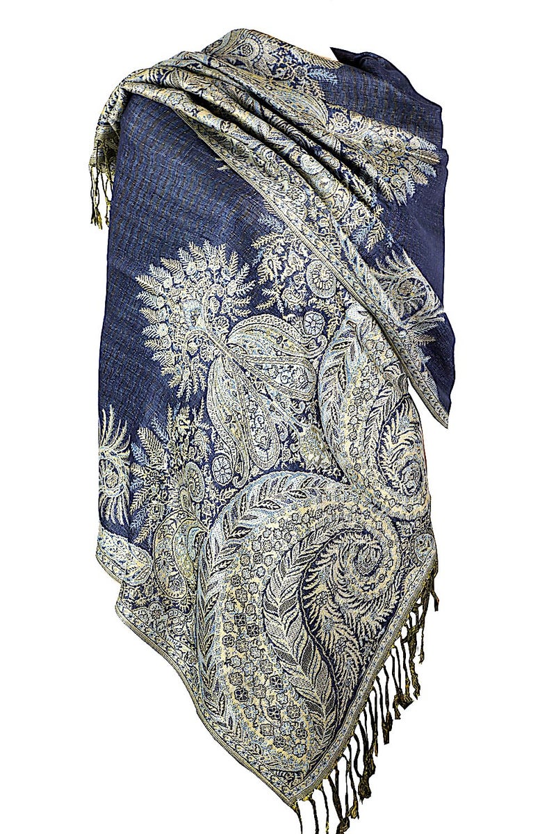 Achillea Luxurious Double Layered Jacquard Big Paisley Pashmina Shawl Wrap Scarf (Navy) - Image 1