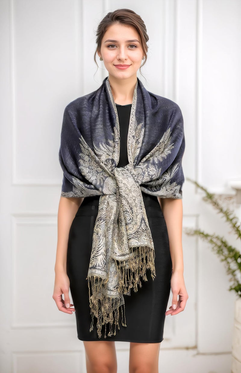 Achillea Luxurious Double Layered Jacquard Big Paisley Pashmina Shawl Wrap Scarf (Navy) - Image 3