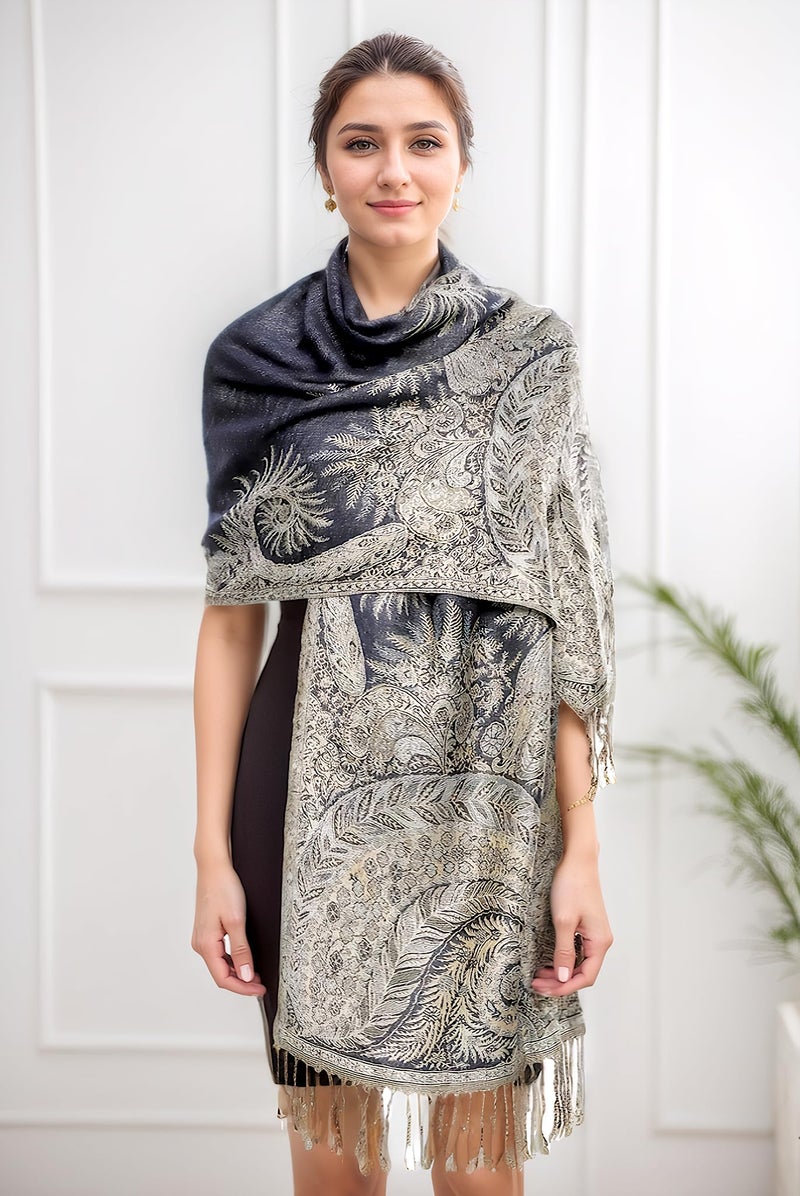 Achillea Luxurious Double Layered Jacquard Big Paisley Pashmina Shawl Wrap Scarf (Navy) - Image 2