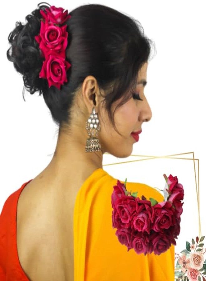 LYF5STAR Artificial Bridal Dark Pink Rose Flower Veni Gajra Hair Juda For Women Floral Hair Bun Accessories | Suitable for Traditional Indian Wedding/Marriage/Engagement - Image 1