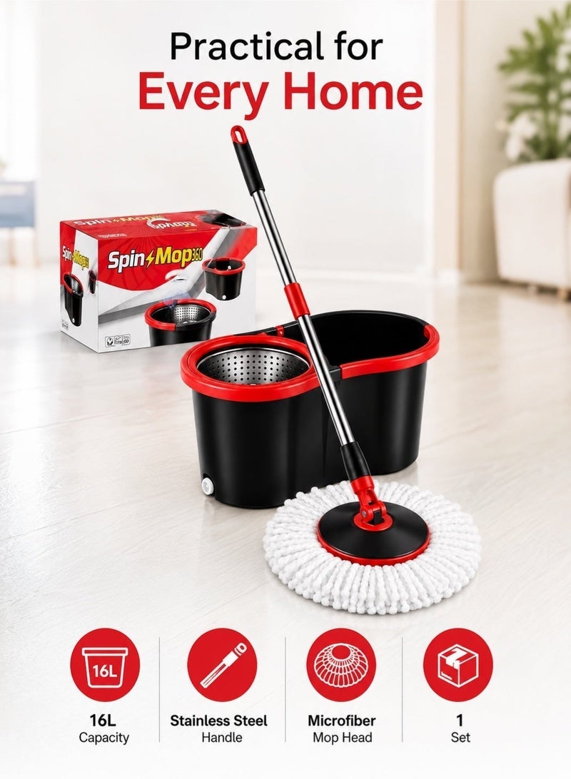 Leoxol 360° Spin Mop Bucket Set | 16L Easy Wring Floor Cleaning Mop | Stainless Steel Telescopic Handle | Microfiber Mop Head For Kitchen Bathroom Tile Marble - Image 4