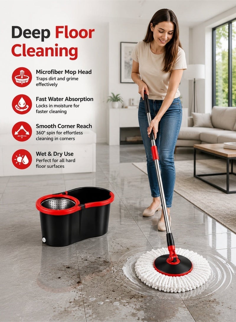 Leoxol 360° Spin Mop Bucket Set | 16L Easy Wring Floor Cleaning Mop | Stainless Steel Telescopic Handle | Microfiber Mop Head For Kitchen Bathroom Tile Marble - Image 2