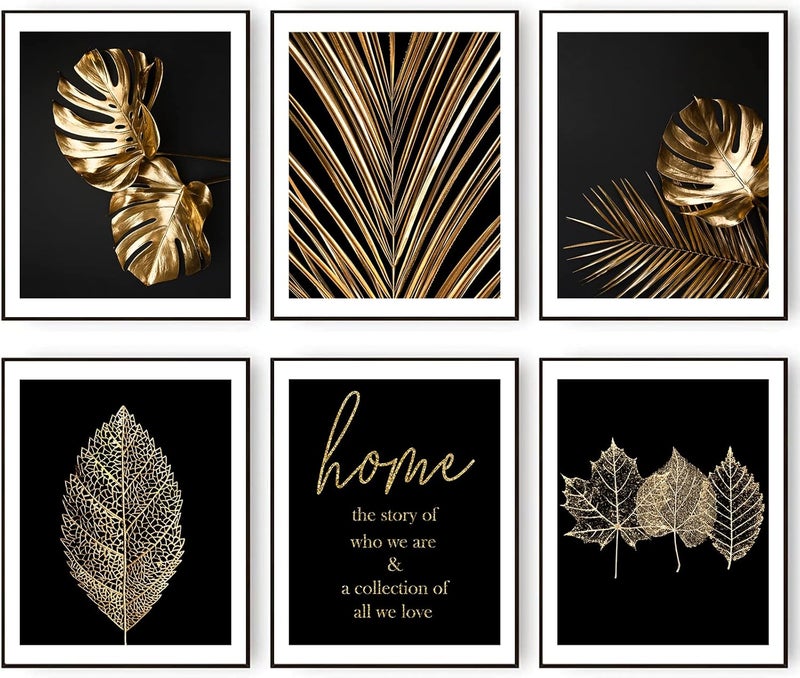 HoozGee Gold Leaf Art Prints Modern Black Gold Botanical Tropical Plant Leaves Art Wall Pictures Canvas Prints Gallery Wall Art Poster Wall Decor Bedroom Room Home Decor (11"x14" UNFRAMED) - Image 1