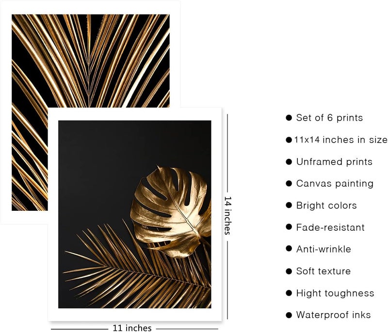 HoozGee Gold Leaf Art Prints Modern Black Gold Botanical Tropical Plant Leaves Art Wall Pictures Canvas Prints Gallery Wall Art Poster Wall Decor Bedroom Room Home Decor (11"x14" UNFRAMED) - Image 2