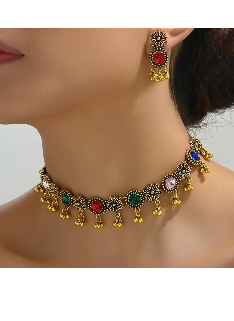 PAMEER Bollywood Style 1 Pair Of Earrings + 1 Necklace Vintage Jewelry Set Retro Flower Design Inlaid Gemstone Match Daily Outfits Party Décor Tribal Jewellery  - Image 1
