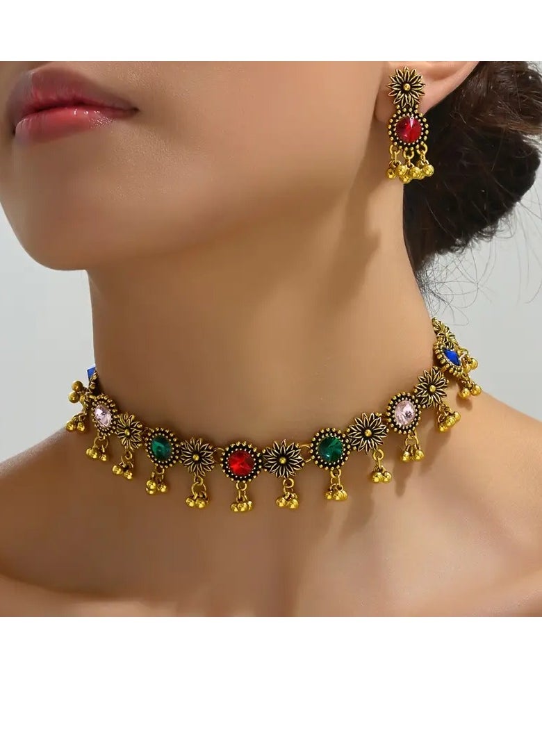 PAMEER Bollywood Style 1 Pair Of Earrings + 1 Necklace Vintage Jewelry Set Retro Flower Design Inlaid Gemstone Match Daily Outfits Party Décor Tribal Jewellery  - Image 2