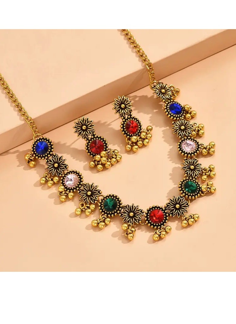 PAMEER Bollywood Style 1 Pair Of Earrings + 1 Necklace Vintage Jewelry Set Retro Flower Design Inlaid Gemstone Match Daily Outfits Party Décor Tribal Jewellery  - Image 3