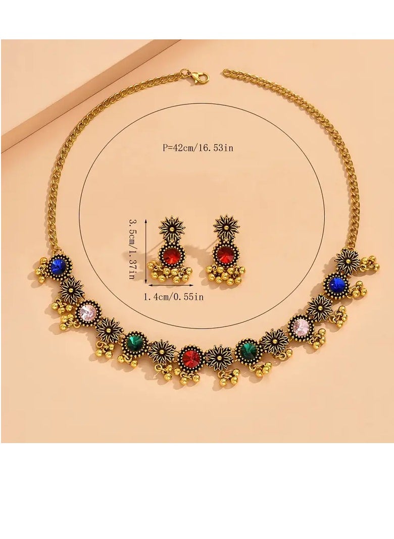 PAMEER Bollywood Style 1 Pair Of Earrings + 1 Necklace Vintage Jewelry Set Retro Flower Design Inlaid Gemstone Match Daily Outfits Party Décor Tribal Jewellery  - Image 4
