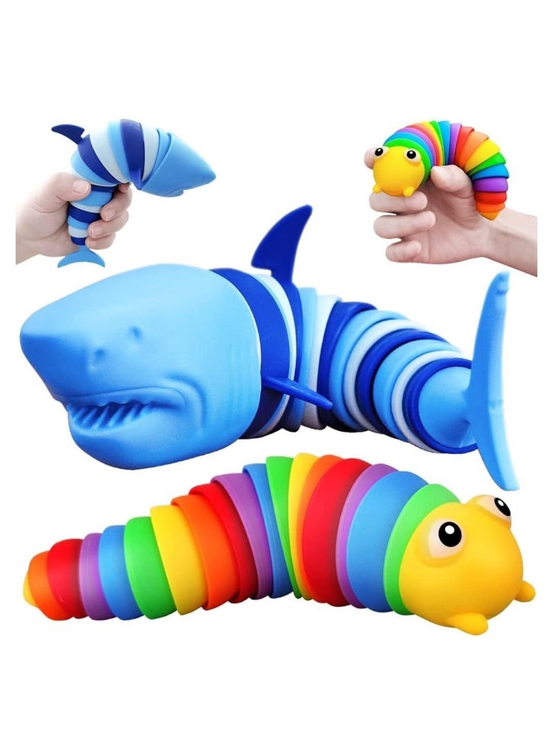 2 Pieces Articulated Toy Rainbow Caterpillar Toy Ocean Shark Toys Decompression Fun Children's Toys Adults Shark and Caterpillar - Image 1
