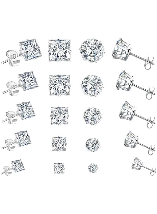 Arabest 10 Pairs CZ Stud Earrings for Women, Hypoallergenic Earrings for Women Studs Set, Small Stainless Steel Earrings Studs, Cubic Zirconia Earrings for Women men (Square and Round)  - Image 1
