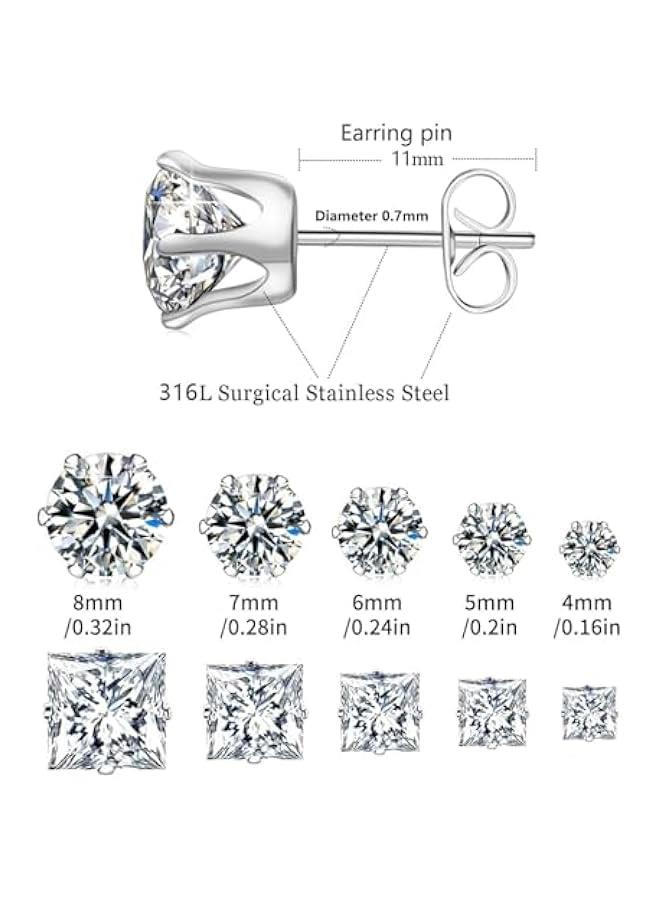 Arabest 10 Pairs CZ Stud Earrings for Women, Hypoallergenic Earrings for Women Studs Set, Small Stainless Steel Earrings Studs, Cubic Zirconia Earrings for Women men (Square and Round)  - Image 2