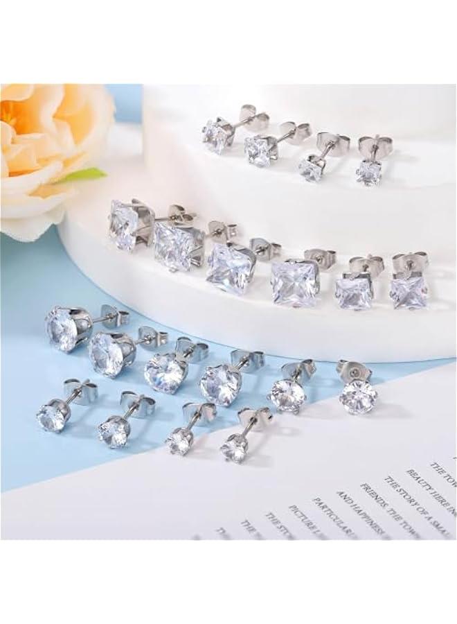 Arabest 10 Pairs CZ Stud Earrings for Women, Hypoallergenic Earrings for Women Studs Set, Small Stainless Steel Earrings Studs, Cubic Zirconia Earrings for Women men (Square and Round)  - Image 3