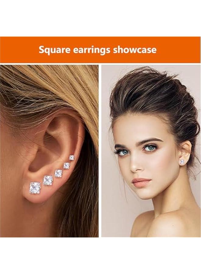 Arabest 10 Pairs CZ Stud Earrings for Women, Hypoallergenic Earrings for Women Studs Set, Small Stainless Steel Earrings Studs, Cubic Zirconia Earrings for Women men (Square and Round)  - Image 5