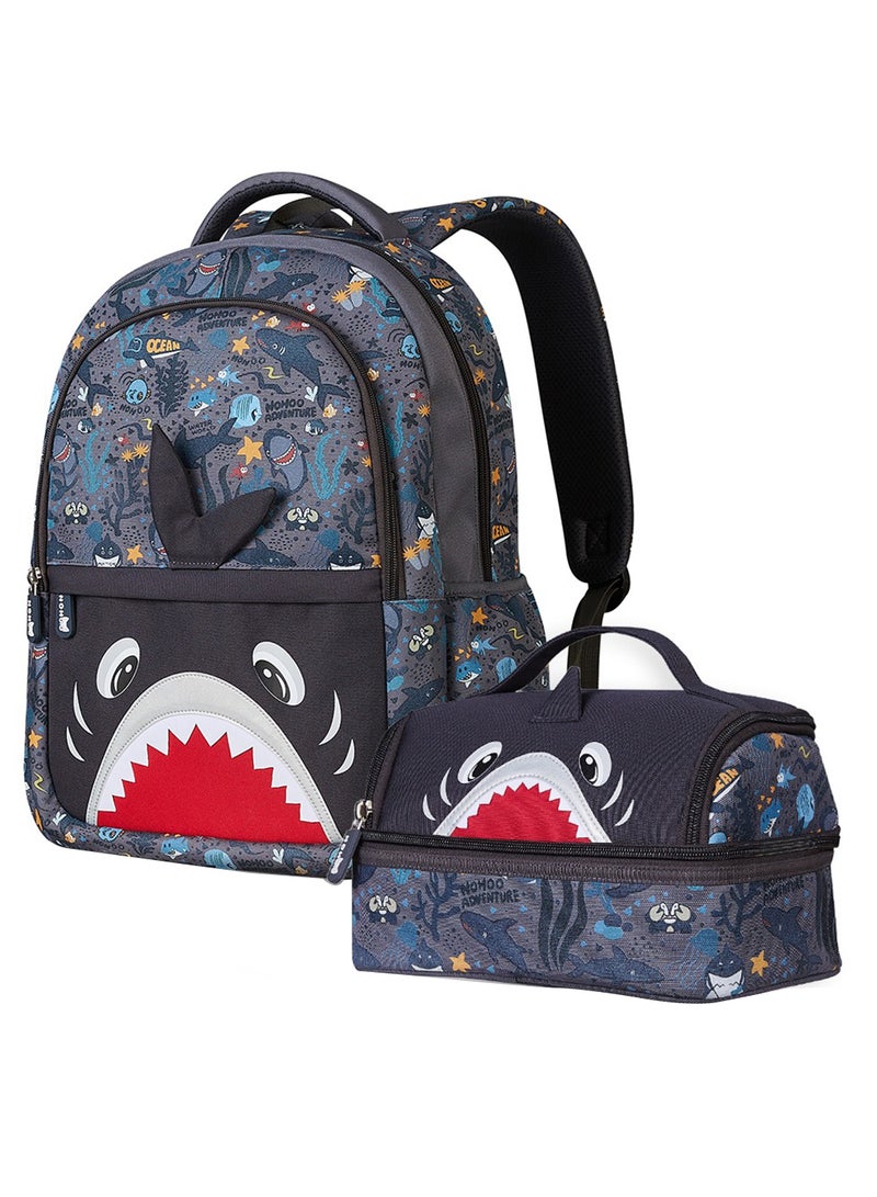 Nohoo Kids 16 Inch School Bag With Lunch Bag Combo Shark - Grey - Image 1