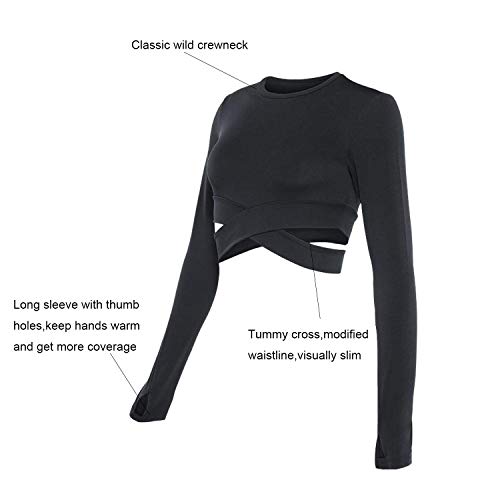 DREAM SLIM Women Long Sleeve Crop Tops Tummy Cross Crewneck Yoga Running Shirts Gym Workout Crop Tops with Thumb Holes (Black Long, M) - Image 5