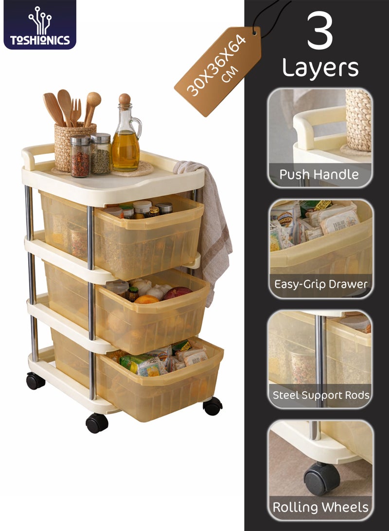 توشيونيكس عربة تخزين متحركة بعجلات 30×36×64 سم - T114617 | عربة متعددة الاستخدامات رفيعة بأدراج شفافة، ودعامة من قضبان فولاذية، وعجلات قابلة للقفل | تخزين للمطبخ والحمام والمكتب - Image 1
