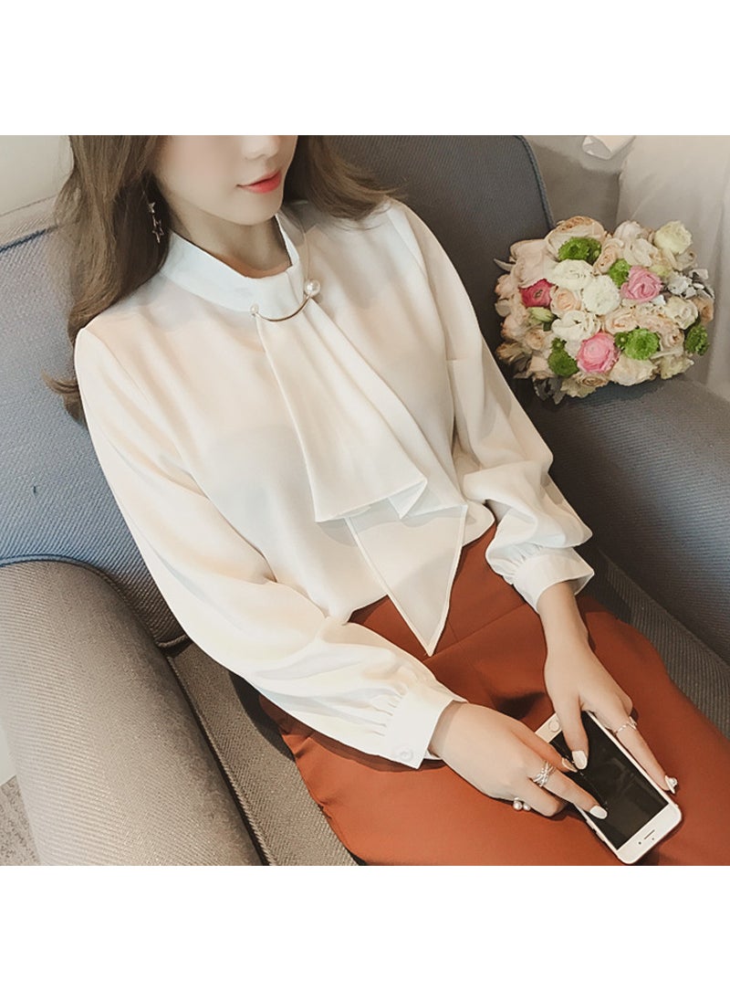 Generic - Spring 2022 Korean Style Long Sleeve Womens Shirt Lace-Up Lantern Sleeve Chiffon Base Layer Top Button-Up Fashionable White - Image 1
