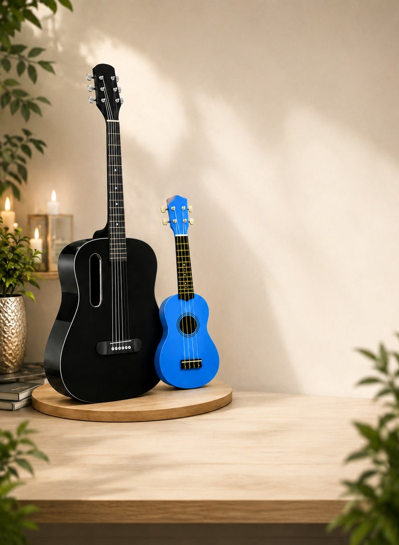 MEGARYA Parent & Child Guitar & Ukulele Combo, Black 6-String Guitar with Blue 4-String Ukulele, 2-Piece Beginner Musical Instrument Set for Family Learning, Practice & Gifting - Image 2