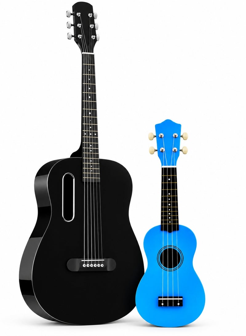MEGARYA Parent & Child Guitar & Ukulele Combo, Black 6-String Guitar with Blue 4-String Ukulele, 2-Piece Beginner Musical Instrument Set for Family Learning, Practice & Gifting - Image 5
