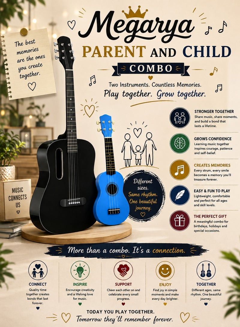 MEGARYA Parent & Child Guitar & Ukulele Combo, Black 6-String Guitar with Blue 4-String Ukulele, 2-Piece Beginner Musical Instrument Set for Family Learning, Practice & Gifting - Image 1