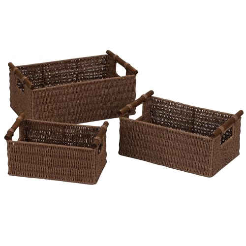Household Essentials Decorative Woven Baskets Set of 3 Paper Rope with Wood Handles Sturdy Metal Frame Small Medium and Large Brown