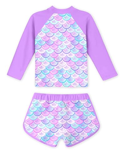 Vogseek Kids 4t Girls Two Pieces Swimsuit UV Protective Purple Mermaid Scales Swimming Suits Long Sleeve Bikini Top and Swim Shorts 2-Piece Set for 4 Year Old Girl - Image 2