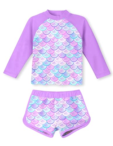 Vogseek Kids 4t Girls Two Pieces Swimsuit UV Protective Purple Mermaid Scales Swimming Suits Long Sleeve Bikini Top and Swim Shorts 2-Piece Set for 4 Year Old Girl - Image 5