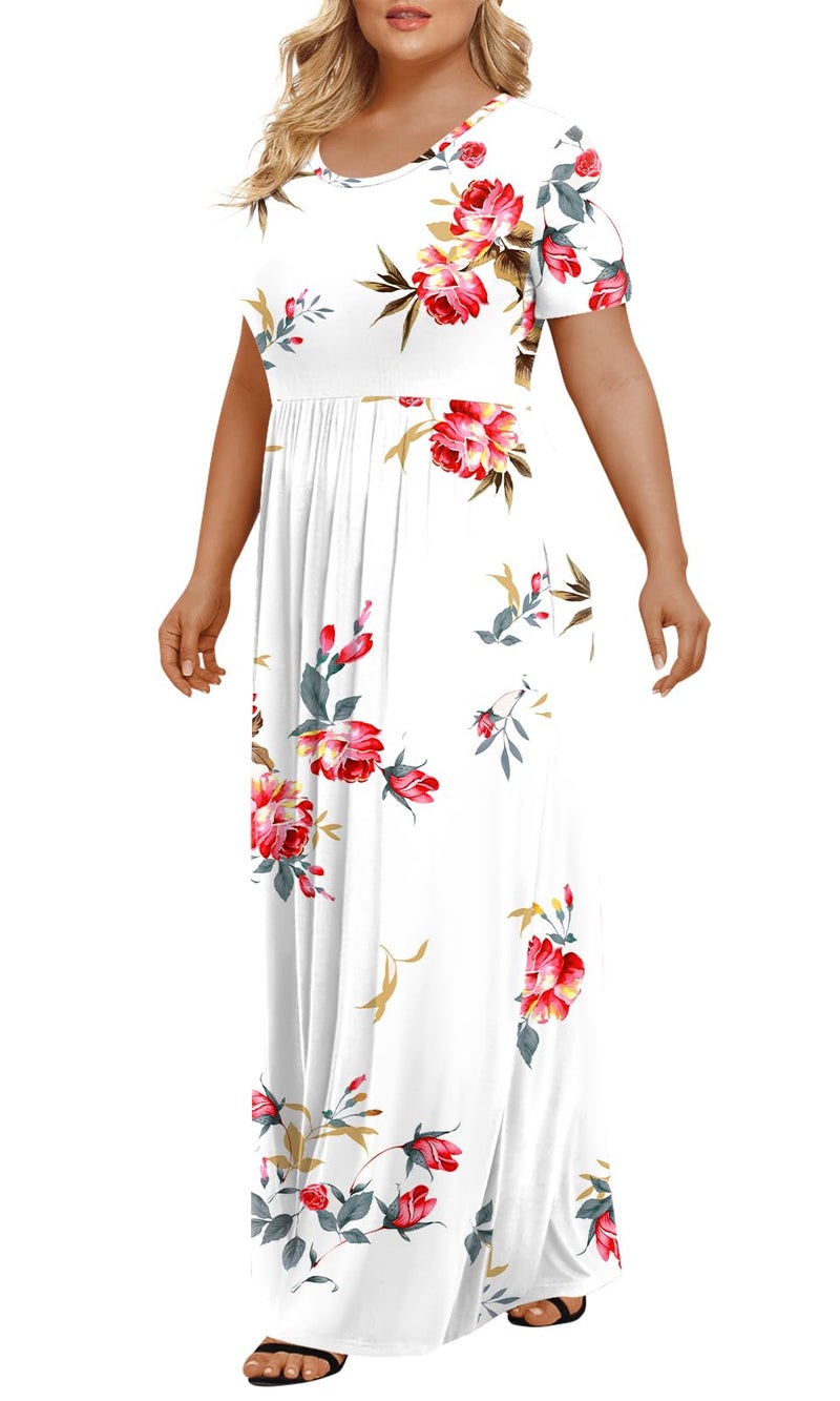 LONGYUAN Women's Plus Size Maxi Dresses for Curvy Women Summer Short Sleeve Casual 2026 Long Dress Fl White 2XL - Image 2