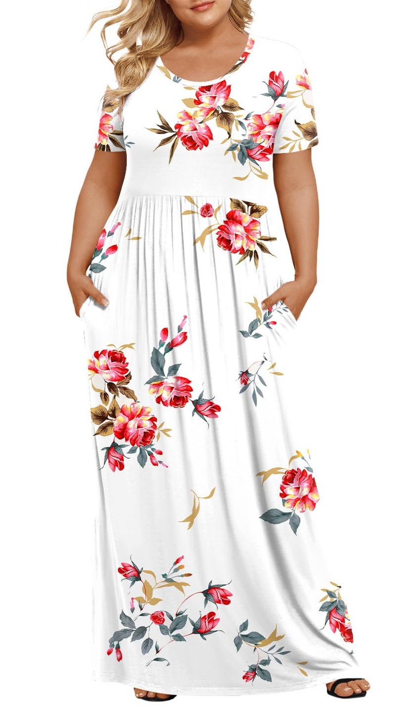 LONGYUAN Women's Plus Size Maxi Dresses for Curvy Women Summer Short Sleeve Casual 2026 Long Dress Fl White 2XL - Image 1