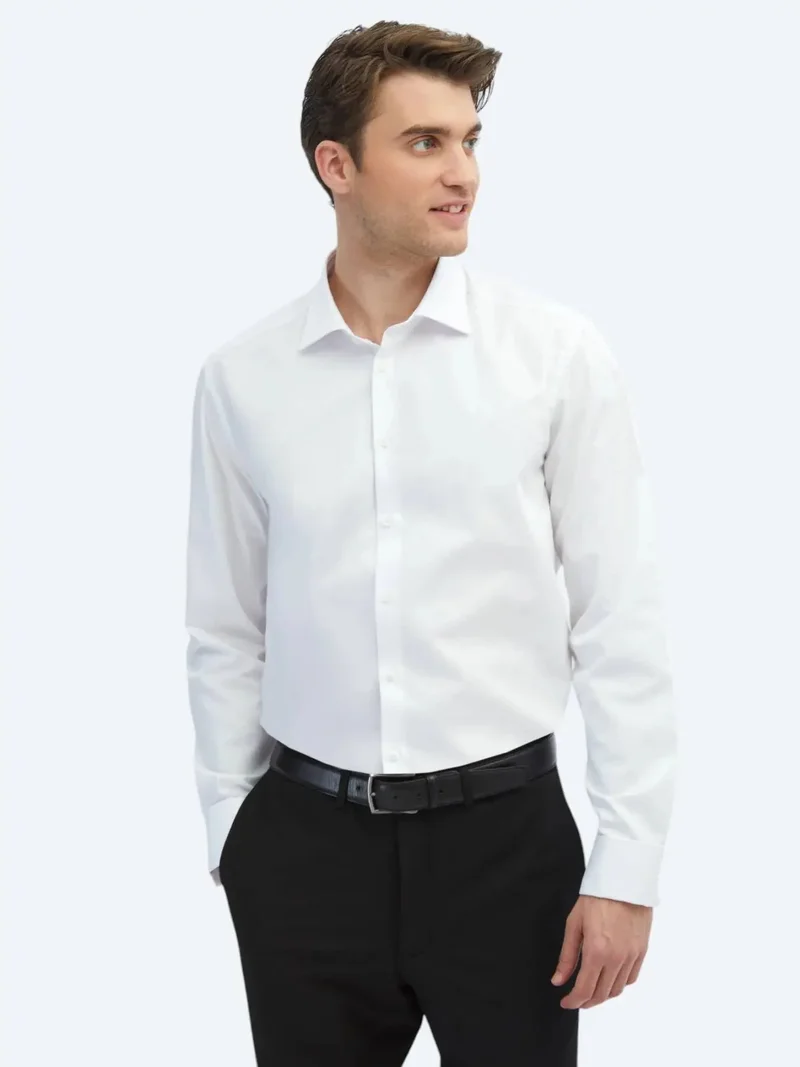 Kip White Plain Regular Fit Weaving Classical 100% Cotton Shirt