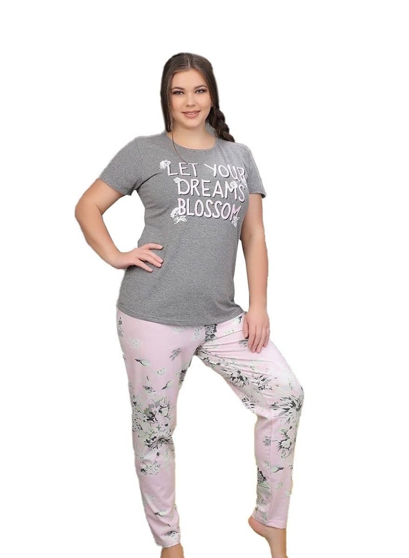 Ganna Women's short sleeved pyjamas and summer long pants made of cotton large sizes 