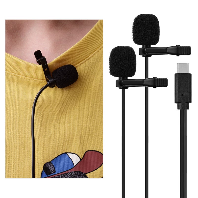 Lavalier Lapel Microphone Clip-on Omnidirectional Mic Dual Head 2.5m/8.2ft Cable with Foam Windsceen Carrying Pouch for USB Type-C Interface Devices for Interview Conference Video Recording - Image 4