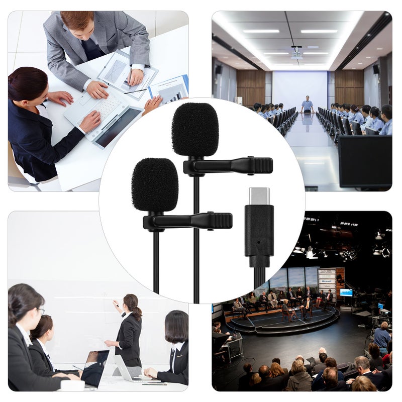 Lavalier Lapel Microphone Clip-on Omnidirectional Mic Dual Head 2.5m/8.2ft Cable with Foam Windsceen Carrying Pouch for USB Type-C Interface Devices for Interview Conference Video Recording - Image 3