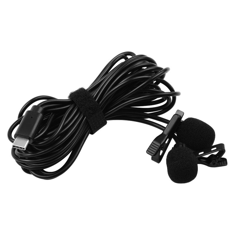 Lavalier Lapel Microphone Clip-on Omnidirectional Mic Dual Head 2.5m/8.2ft Cable with Foam Windsceen Carrying Pouch for USB Type-C Interface Devices for Interview Conference Video Recording - Image 1