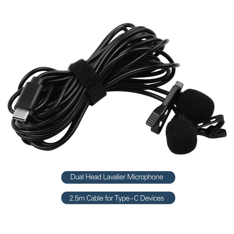 Lavalier Lapel Microphone Clip-on Omnidirectional Mic Dual Head 2.5m/8.2ft Cable with Foam Windsceen Carrying Pouch for USB Type-C Interface Devices for Interview Conference Video Recording - Image 2