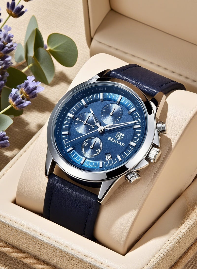 BENYAR Men's Green&Blue Quartz Watch - Top Brand Luxury 42.2mm Chronograph, Genuine Leather Strap, Water Resistant, Durable for Middle East Climate - Image 3