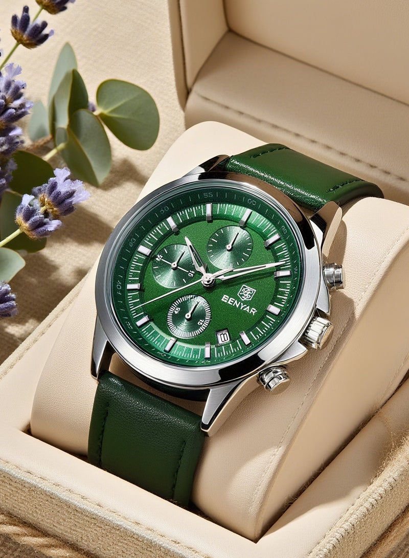 BENYAR Men's Green&Blue Quartz Watch - Top Brand Luxury 42.2mm Chronograph, Genuine Leather Strap, Water Resistant, Durable for Middle East Climate - Image 2