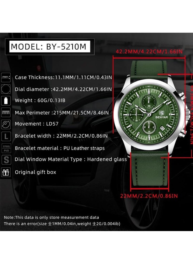 BENYAR Men's Green&Blue Quartz Watch - Top Brand Luxury 42.2mm Chronograph, Genuine Leather Strap, Water Resistant, Durable for Middle East Climate - Image 4