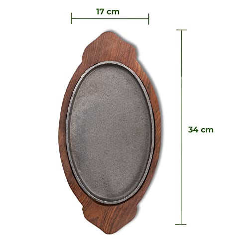 e kysa basics Cast Iron Sizzler Plate with Wooden Base – 9.5 x 6 inch Plate, 13 x 7 inch Base, Reusable, Heavy-Duty (Oval Shape) - Image 2