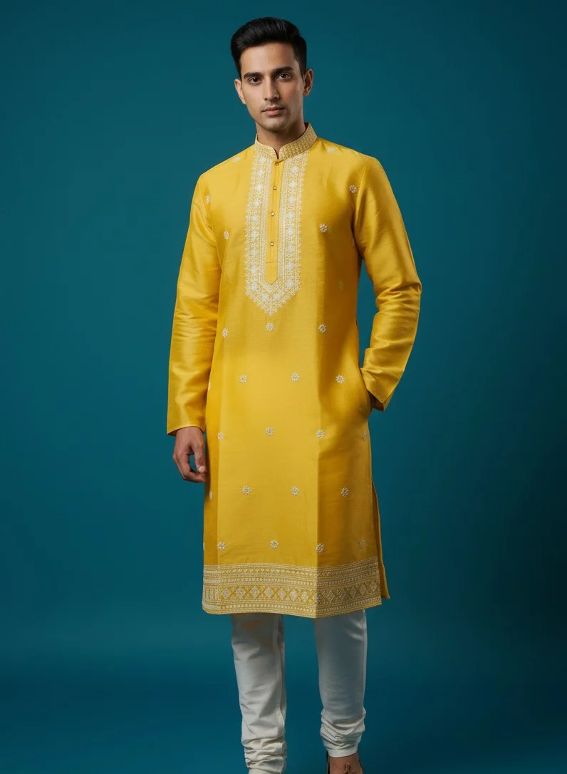 Lehar Yellow Embroidered Kurta with Thread Detailing