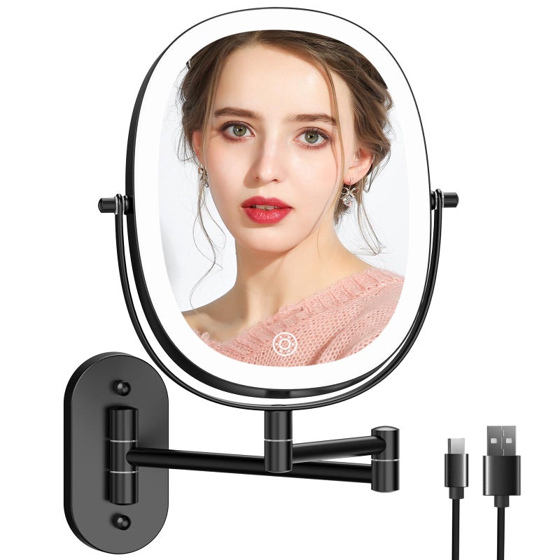 FUNTOUCH Rechargeable Wall Mounted Lighted Makeup Vanity Mirror Double Sided 1X7X Magnification 3 Dimmable Light Settings Extension Arm Oval Frame Ideal for Makeup