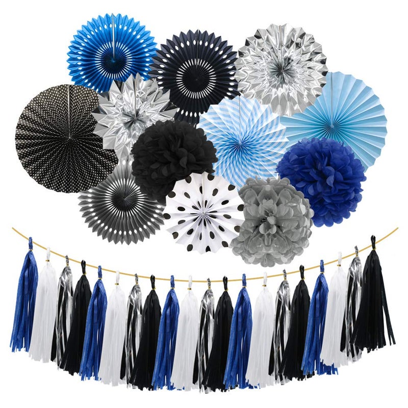 MEIDUO Meiduo Navy Blue Silver Black Party Decorations Hanging Paper Fans Pom Poms Flowers Tissue Tassel Garland for Graduation Boy Kids Birthday Mans Navy Party Baby Shower 